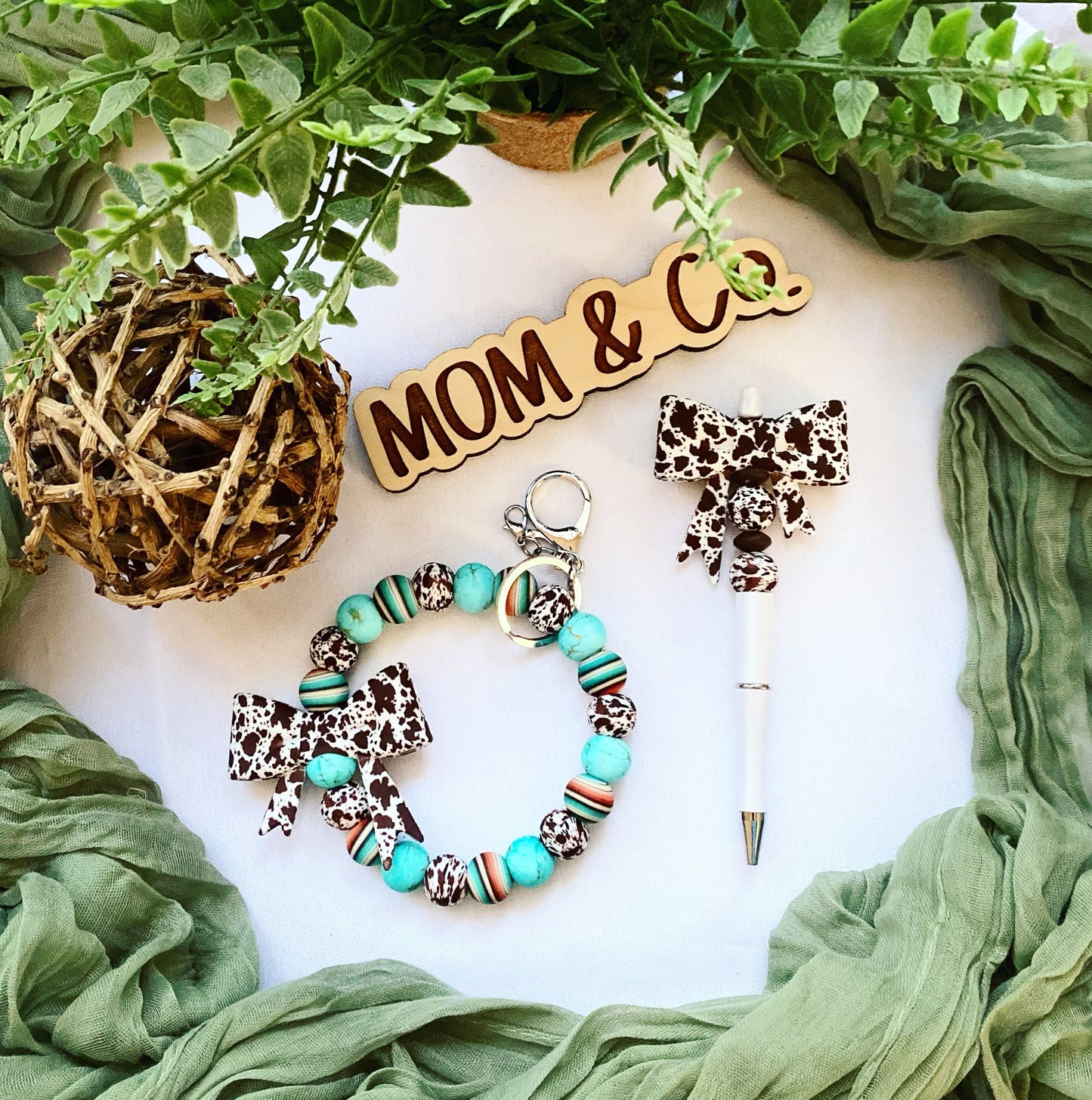 Western Brown Cowprint Bow Bead Wristlet and Pen