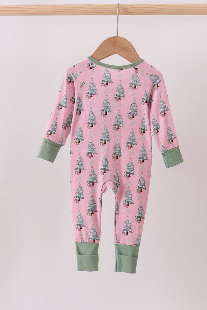 Pink christmas tree bamboo ruffle zipper romper