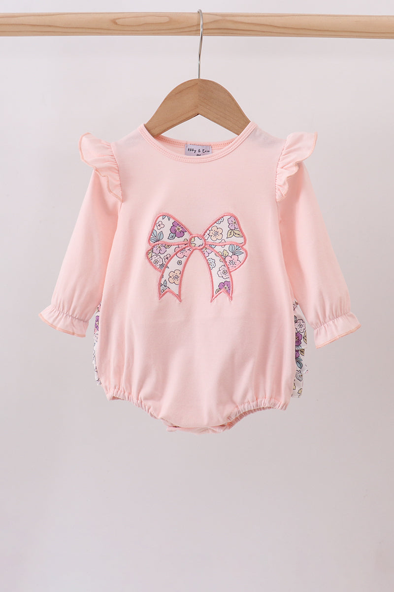 Pink floral bow applique ruffle bubble