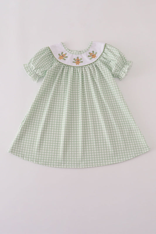 Sage turkey embroidery gingham dress