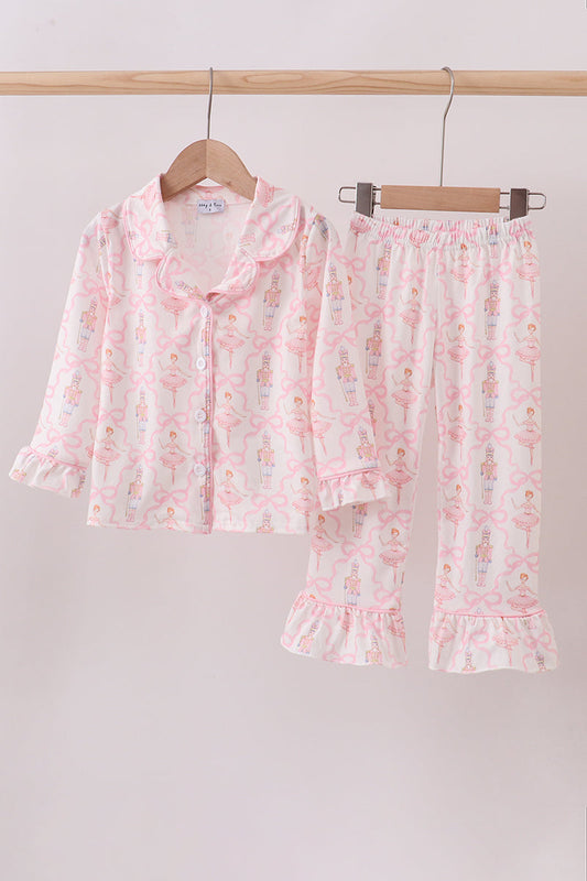 Pink nutcracker print ruffle pajamas set