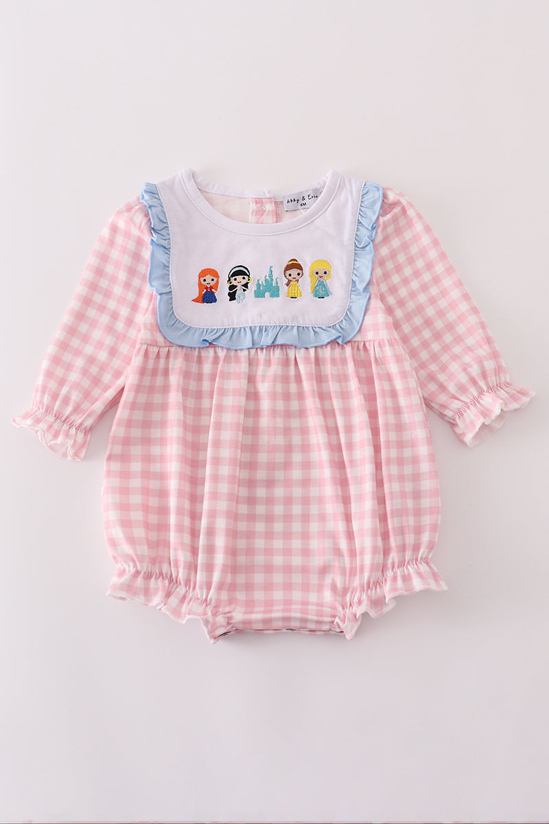 Pink princess castle embroidery gingham bubble