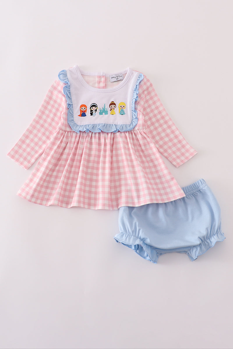 Pink princess castle embroidery gingham bloomer set