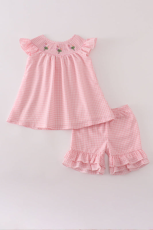 Pink floral smocked shorts set