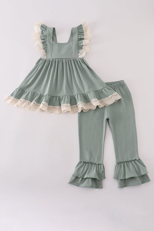 Sage lace ruffle pants set