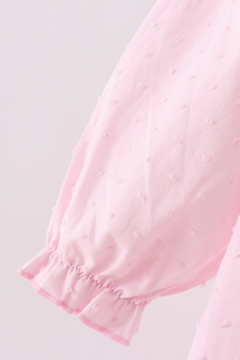 Pink bow embroidery swiss dot dress