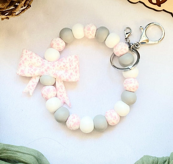 Pink Petal and Gray Bow Bead Wristlet