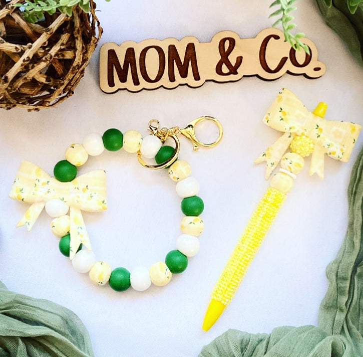 Lemondrop Bow Bead Wristlet and Pen