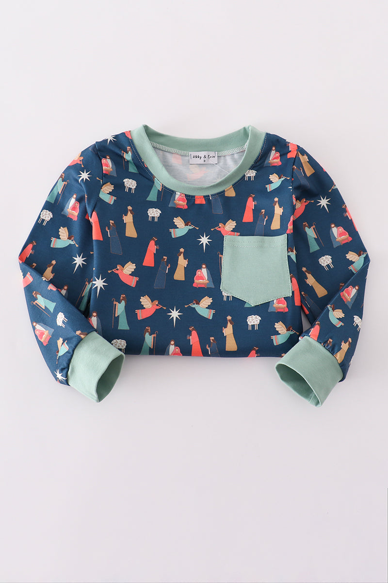 Navy nativity print pants set