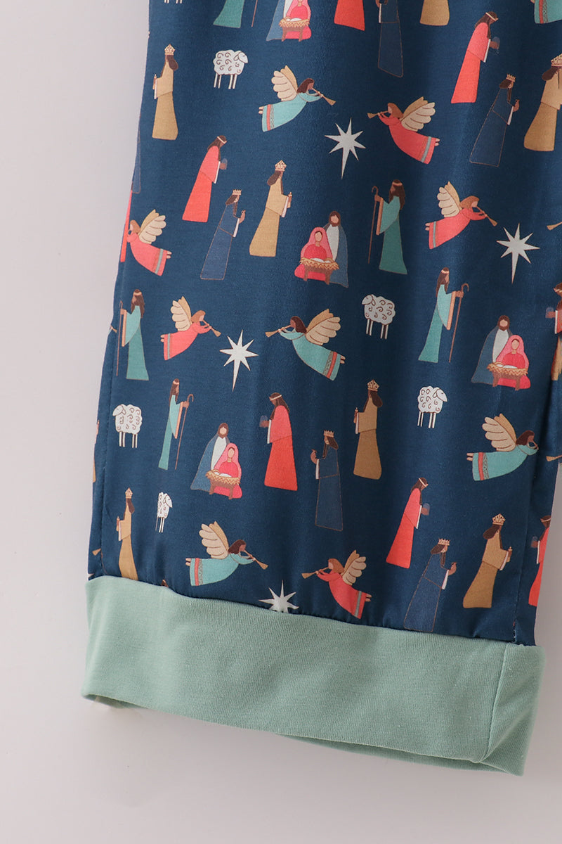 Navy nativity print mom pajamas pants