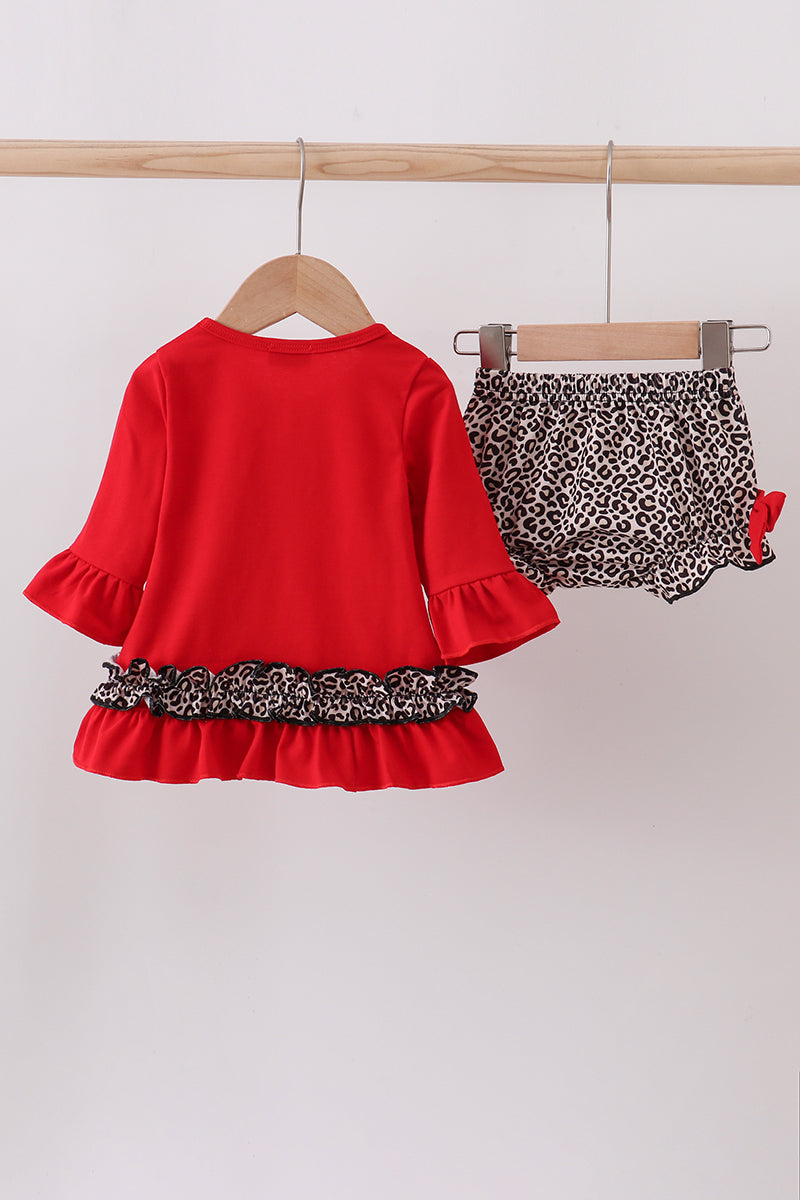 Red santa claus applique leopard ruffle bloomer set