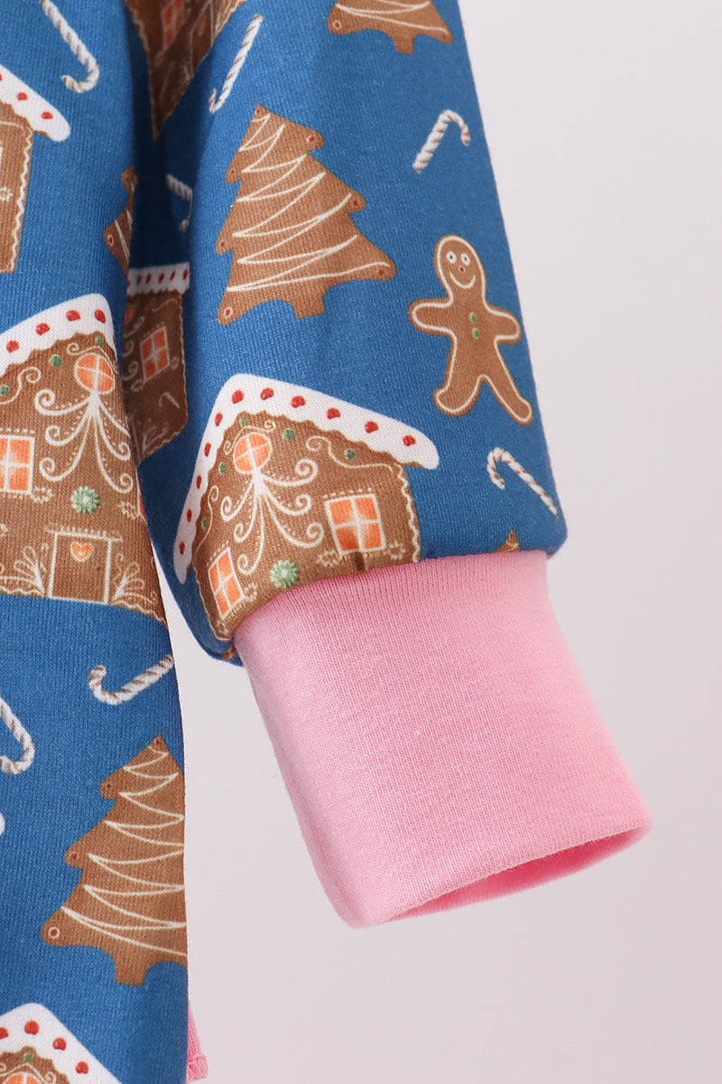 Navy gingerbread print ruffle romper