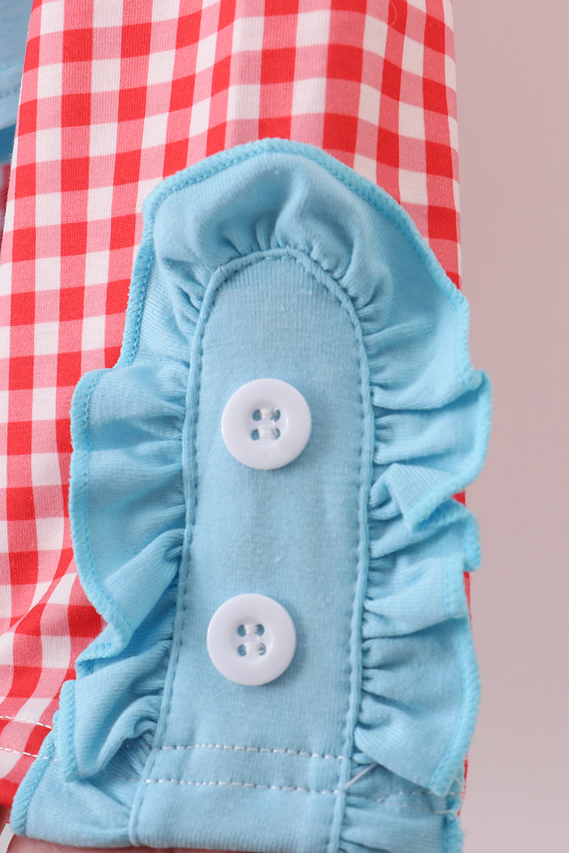 Blue deer tree santa embroidery ruffle pants set