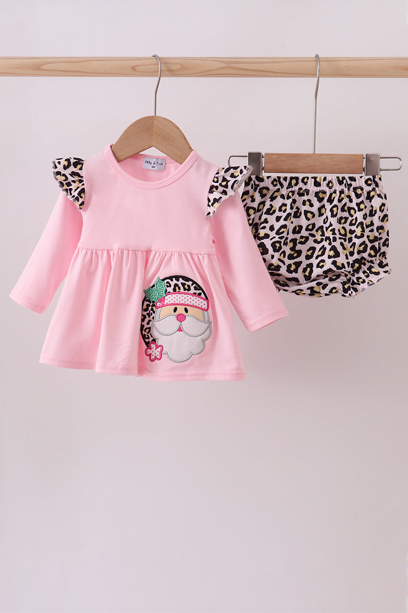 Pink santa claus leopard ruffle bloomer set