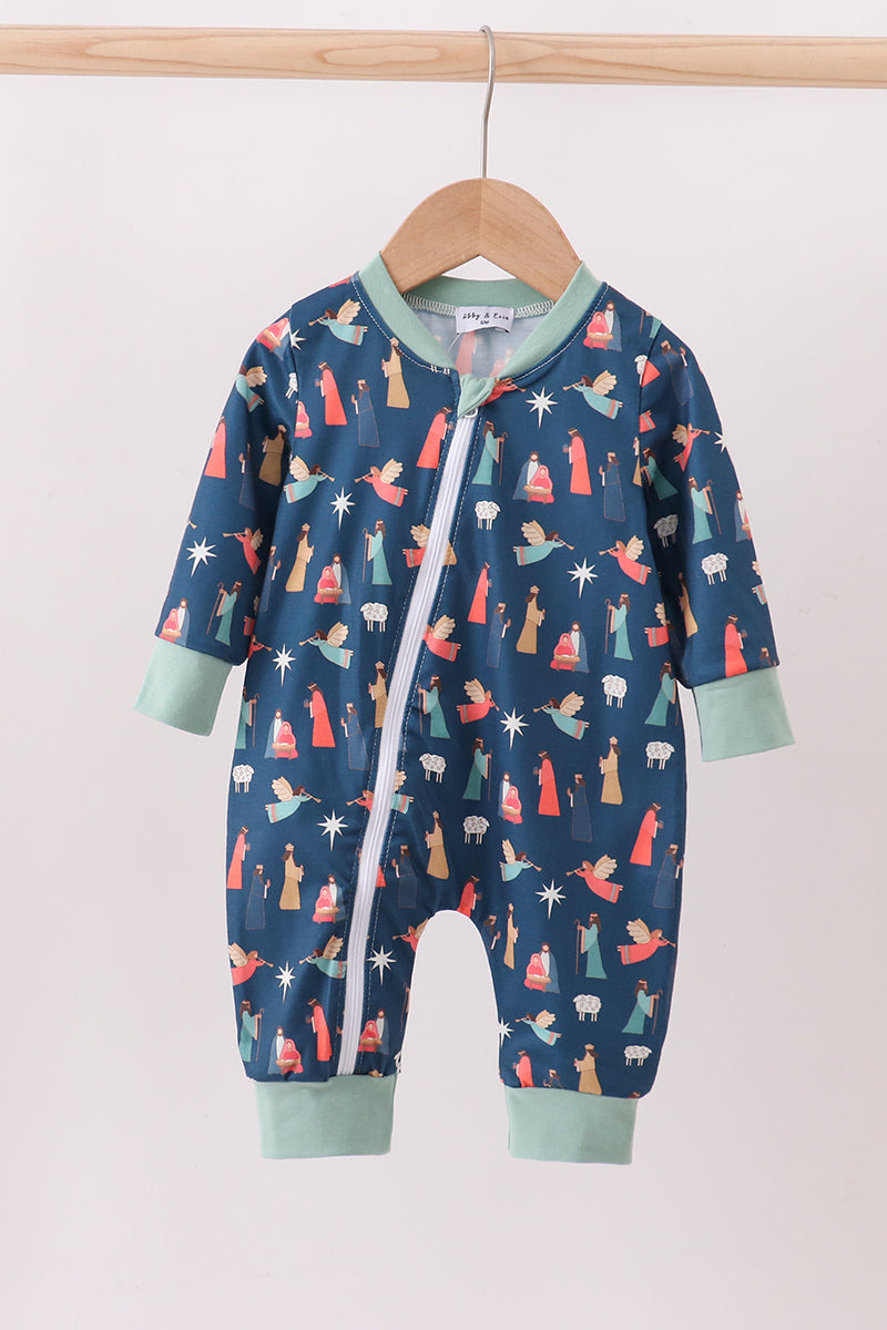 Navy nativity print romper