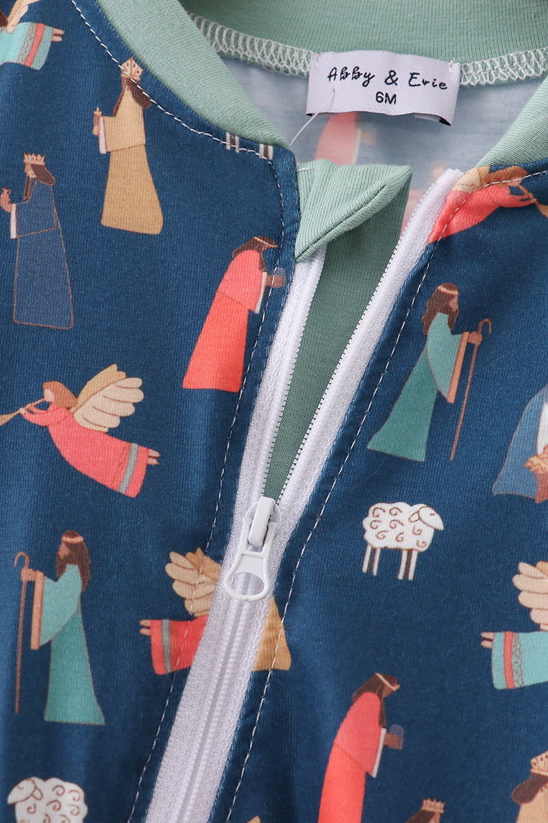 Navy nativity print romper