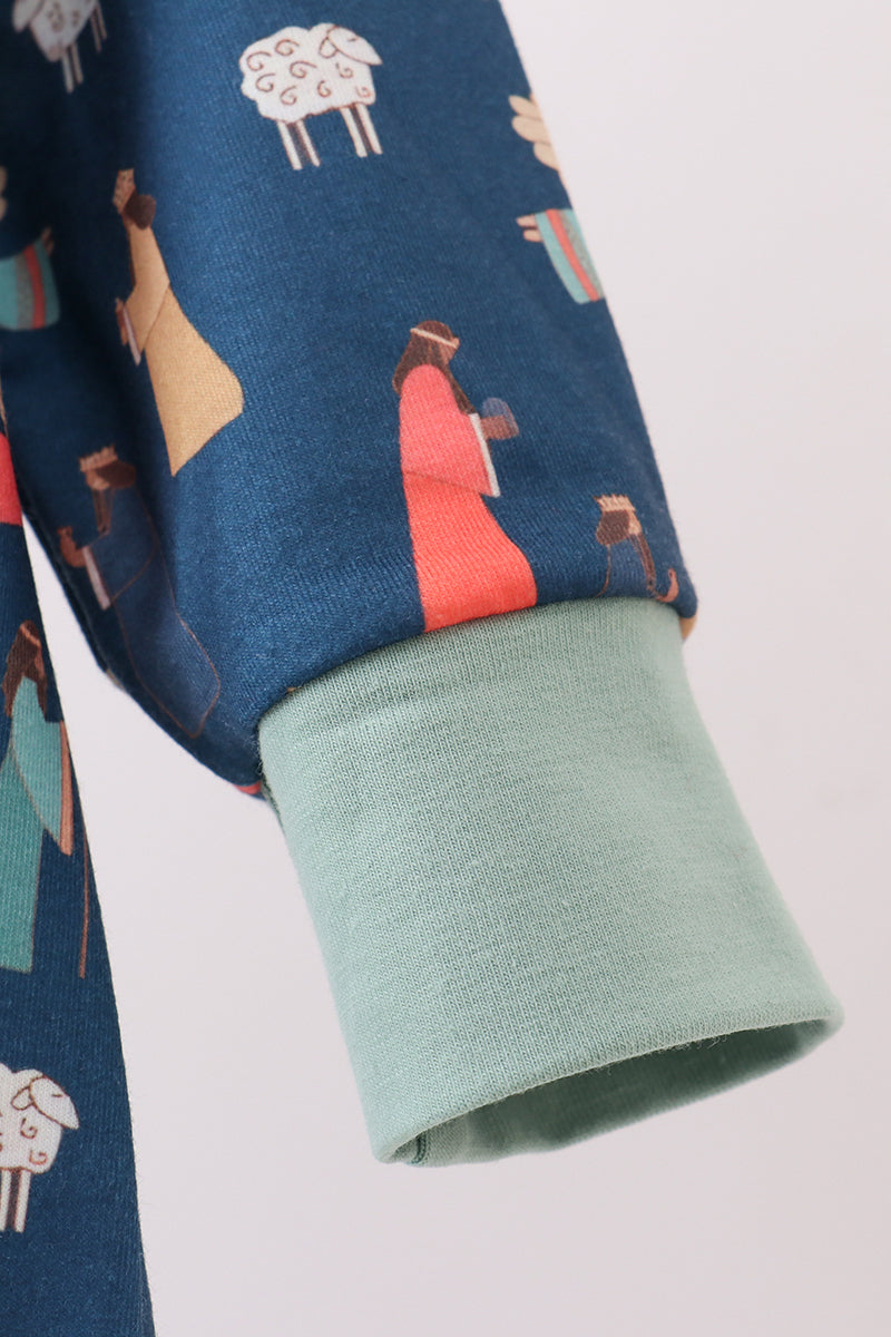 Navy nativity print romper