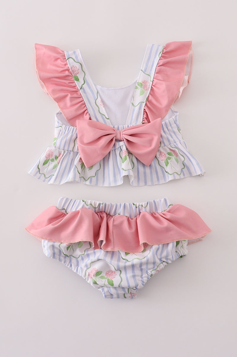 Floral stripe ruffle 2pc swimsuit UPF50+