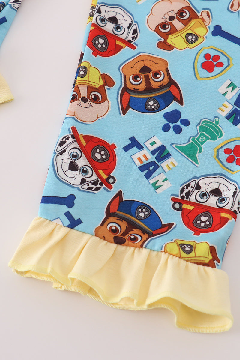 Blue character print ruffle pajamas set