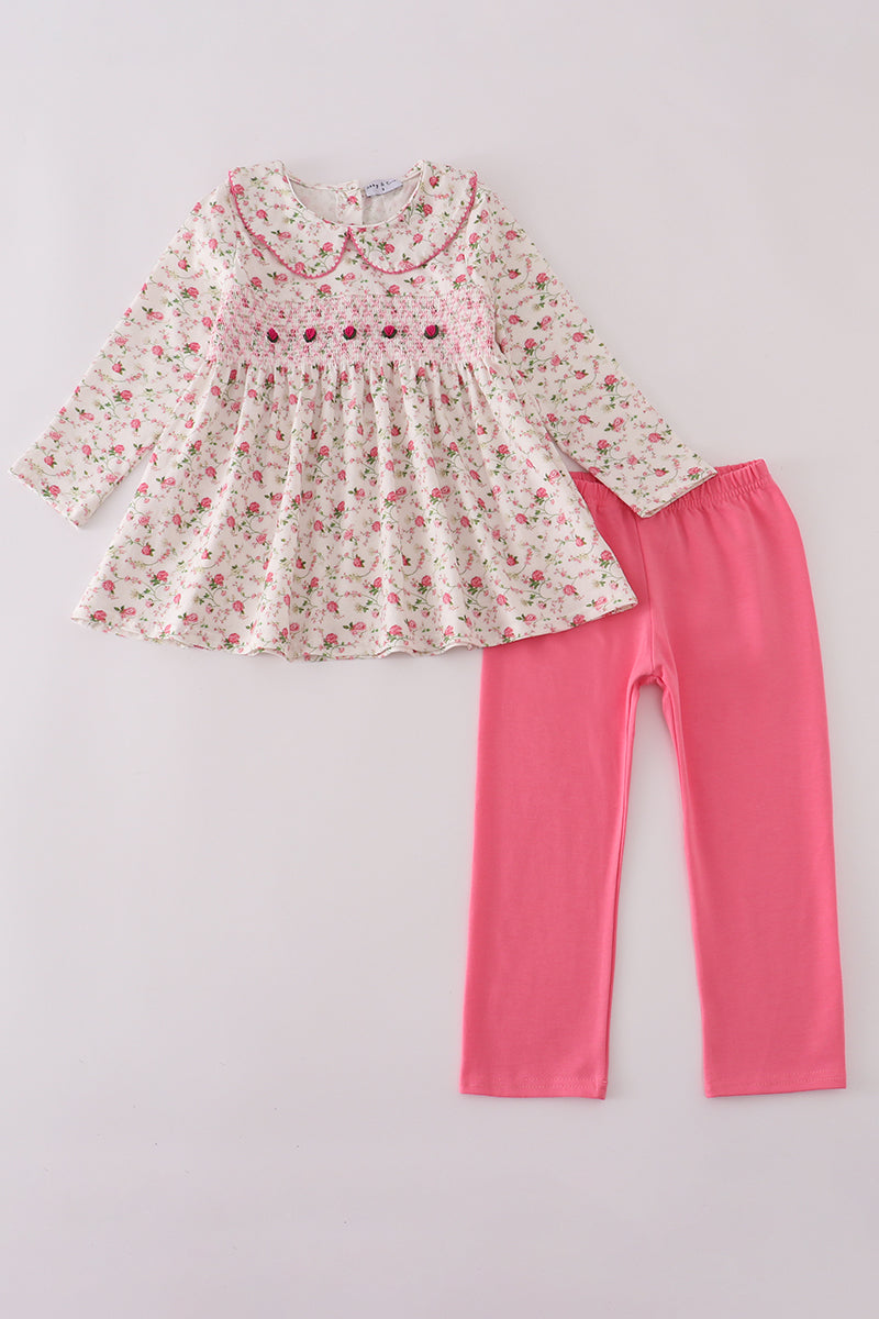 Pink rose hand smocked pants set