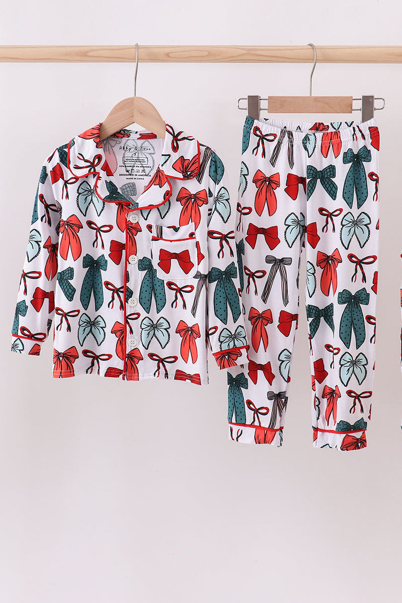 Red bow bamboo girl pajamas pants set