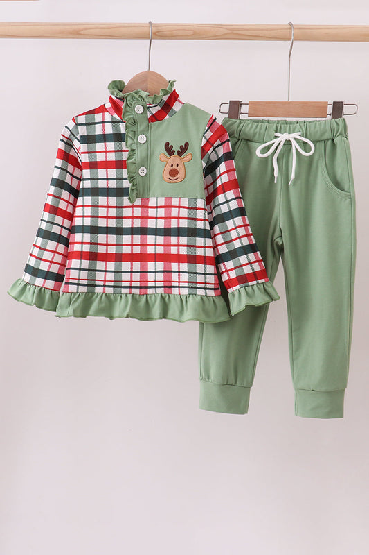 Green christmas reindeer applique pants set