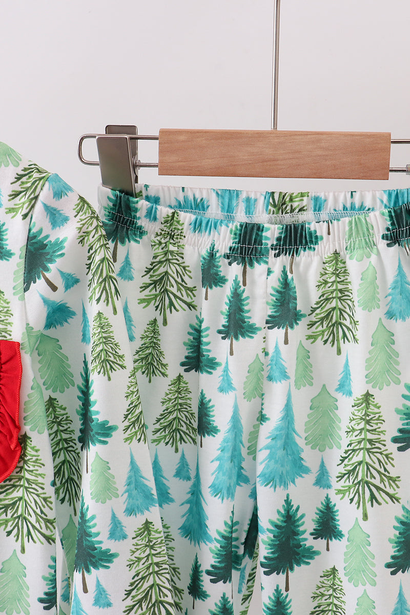 Green christmas tree print ruffle pajamas set