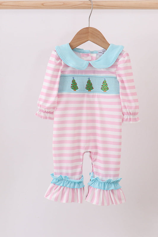 Pink christmas tree smocked stripe ruffle romper