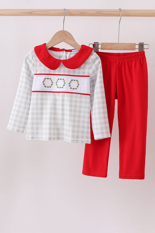 Christmas wreath embroidery pants set