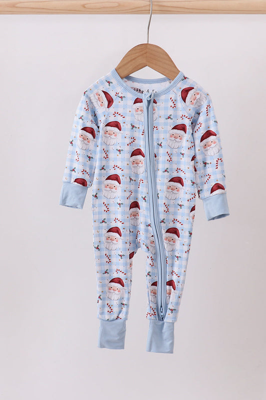 Blue santa claus bamboo pajamas zipper romper