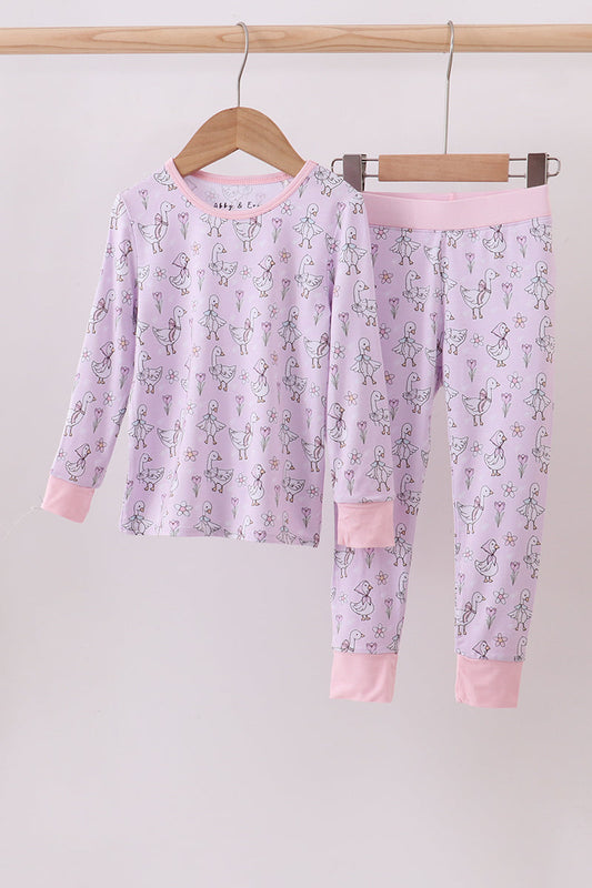 Pink floral bow duck bamboo pajamas set