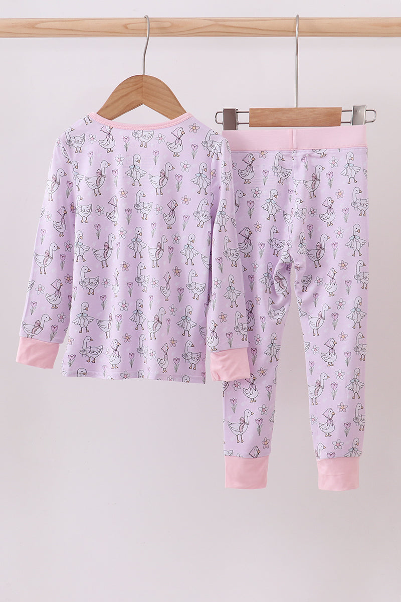 Pink floral bow duck bamboo pajamas set