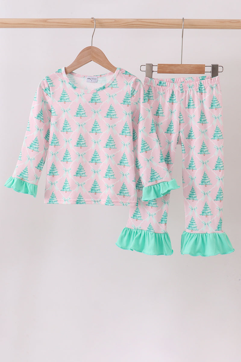 Pink christmas tree ruffle pajama set