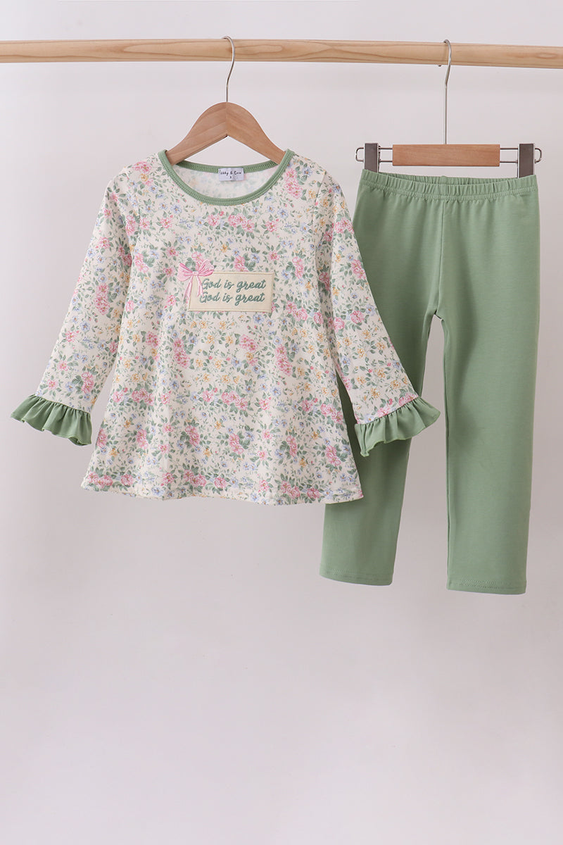 Green floral god is great embroidery ruffle pants set