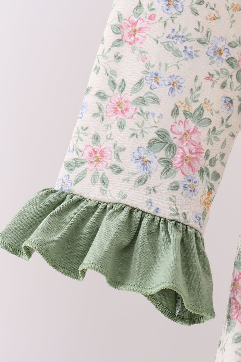 Green floral god is great embroidery ruffle pants set