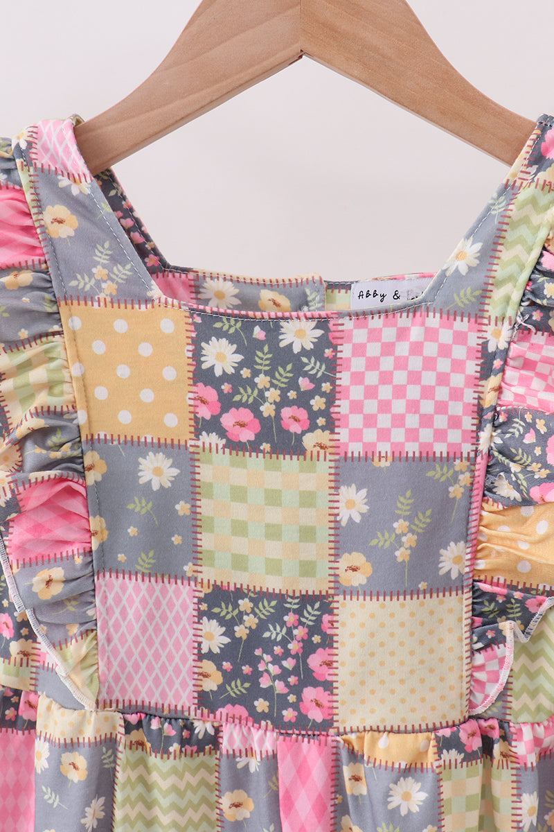 Yellow floral checkered ruffle jumpsuit