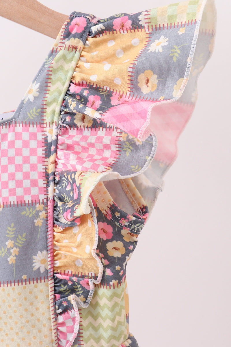 Yellow floral checkered ruffle jumpsuit