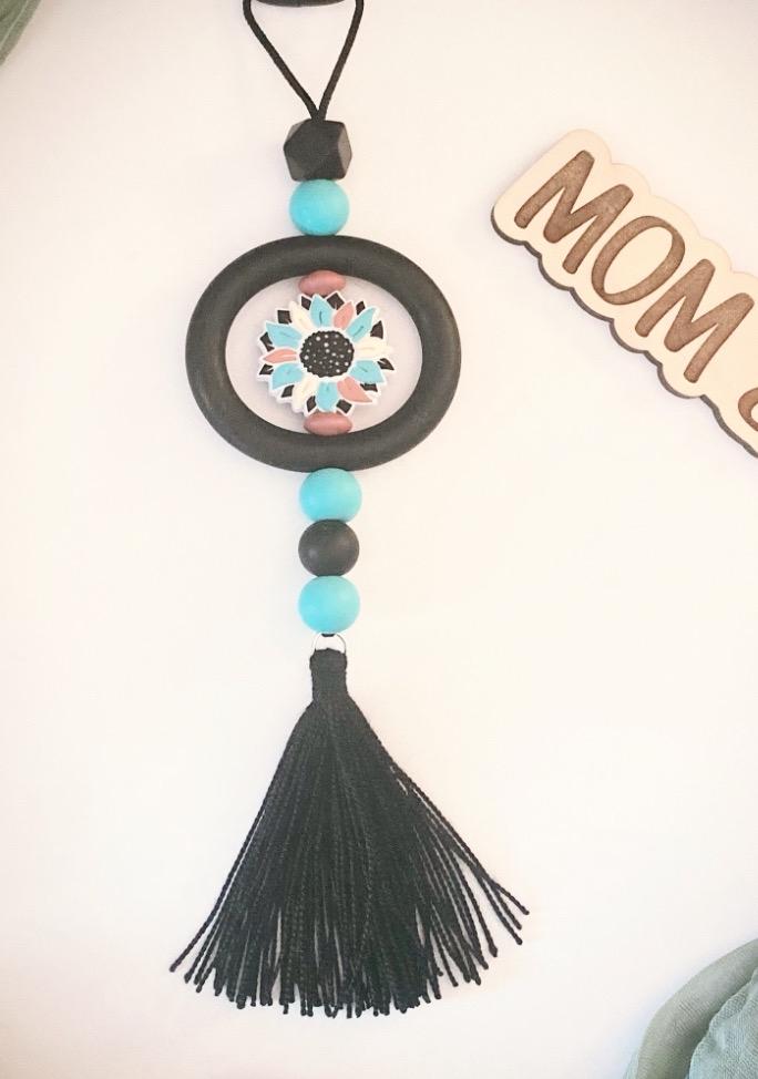 Black Turquoise Sunflower Car Charm