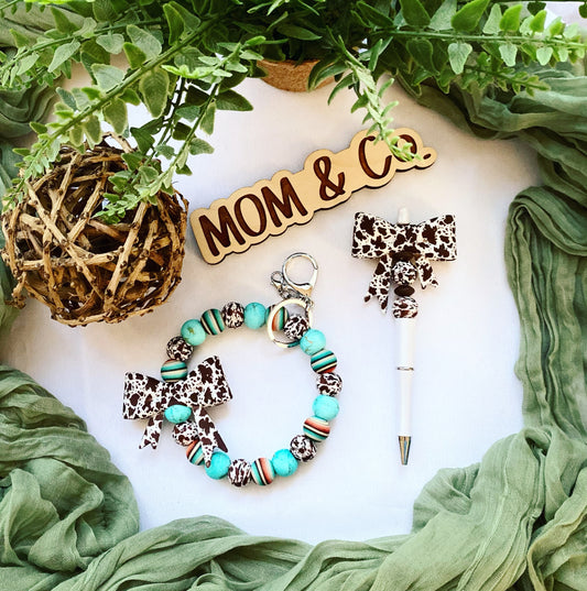 Western Brown Cowprint Bow Bead Wristlet and Pen