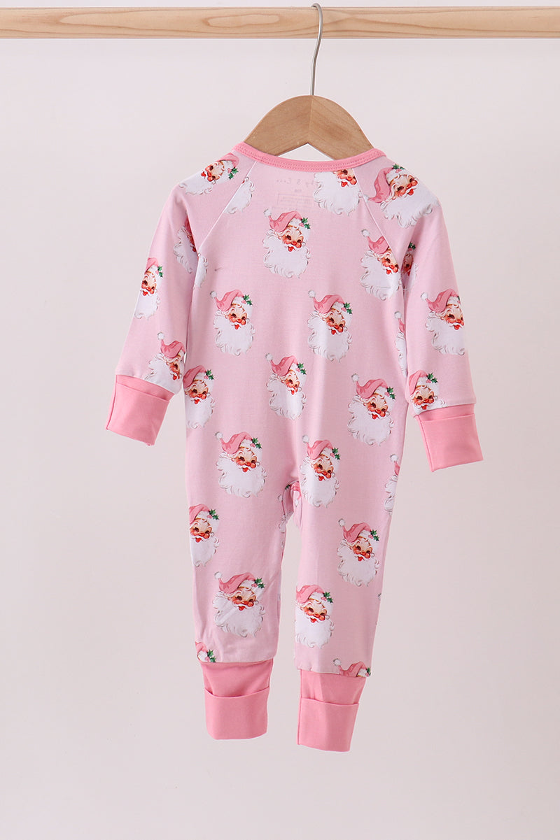 Pink santa claus bamboo ruffle zipper romper
