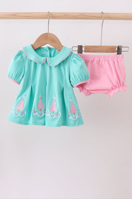 Green christmas tree embroidery bloomer  set