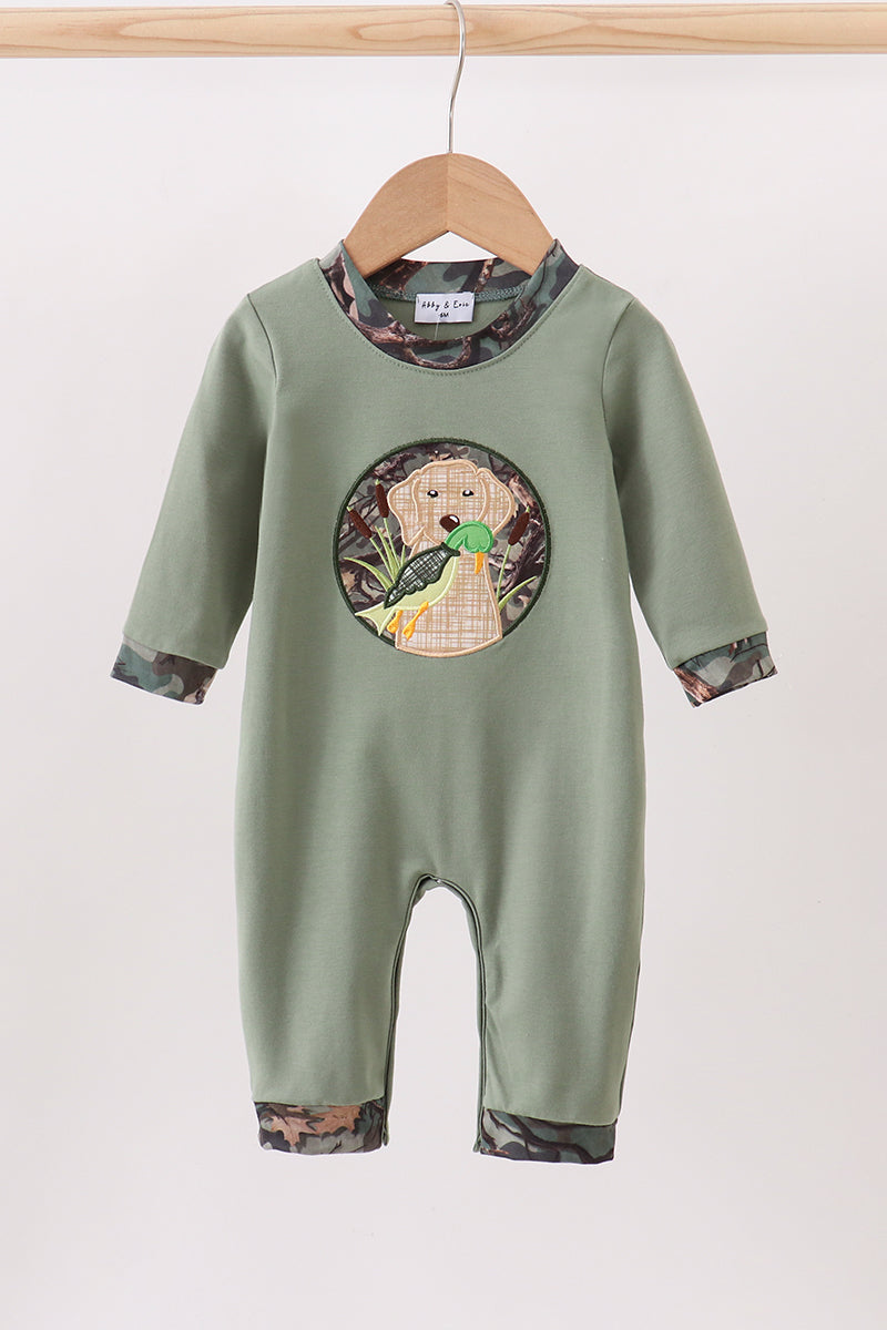 Camouflage dog hunting applique romper