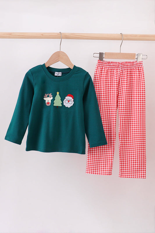 Green christmas santa claus embroidery pants set