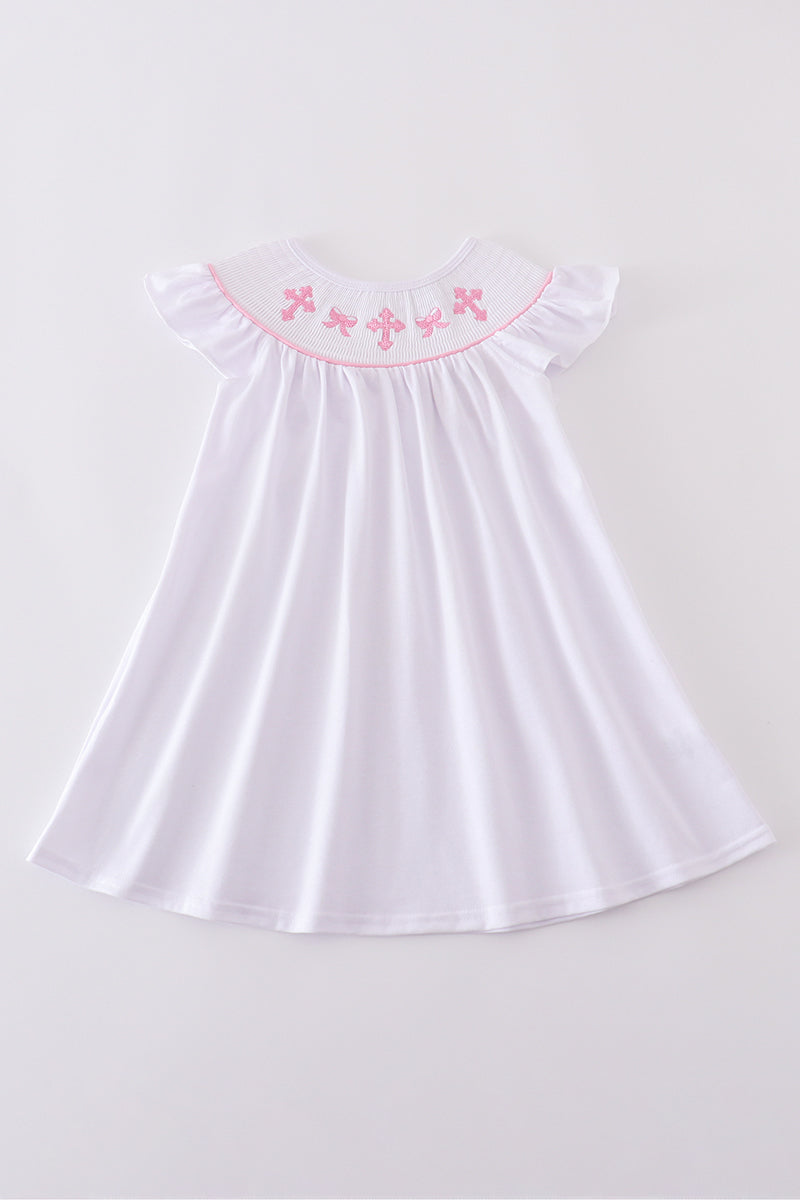 Pink cross embroider smocked dress