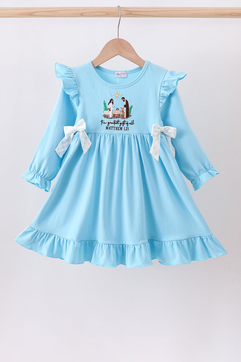 Blue nativity embroidery ruffle dress