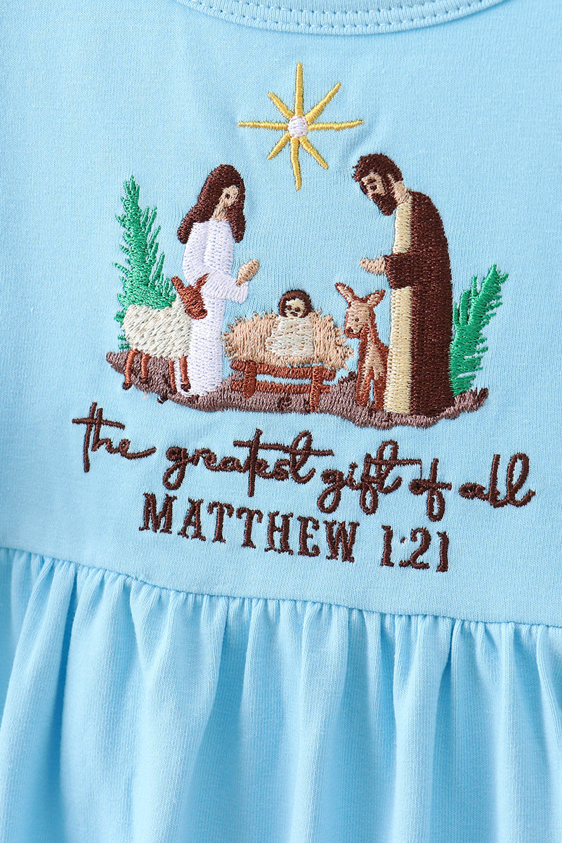 Blue nativity embroidery ruffle dress