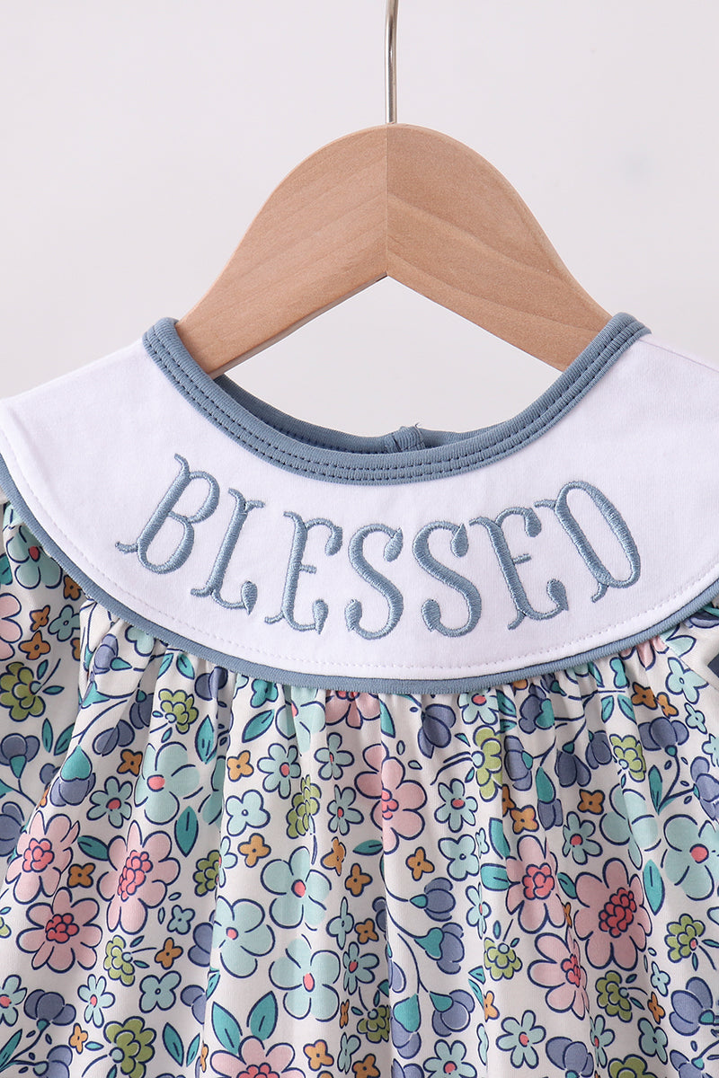 Blue floral blessed embroidery bloomer set