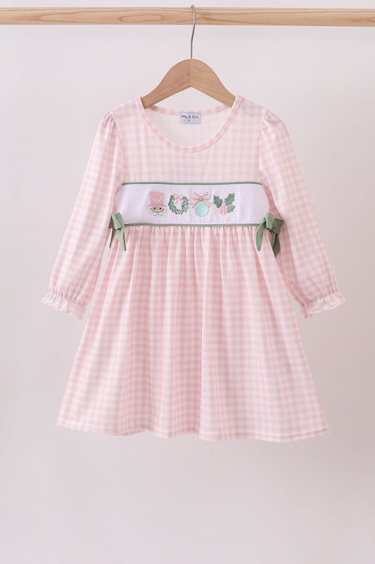 Pink nutcracker embroidery gingham dress