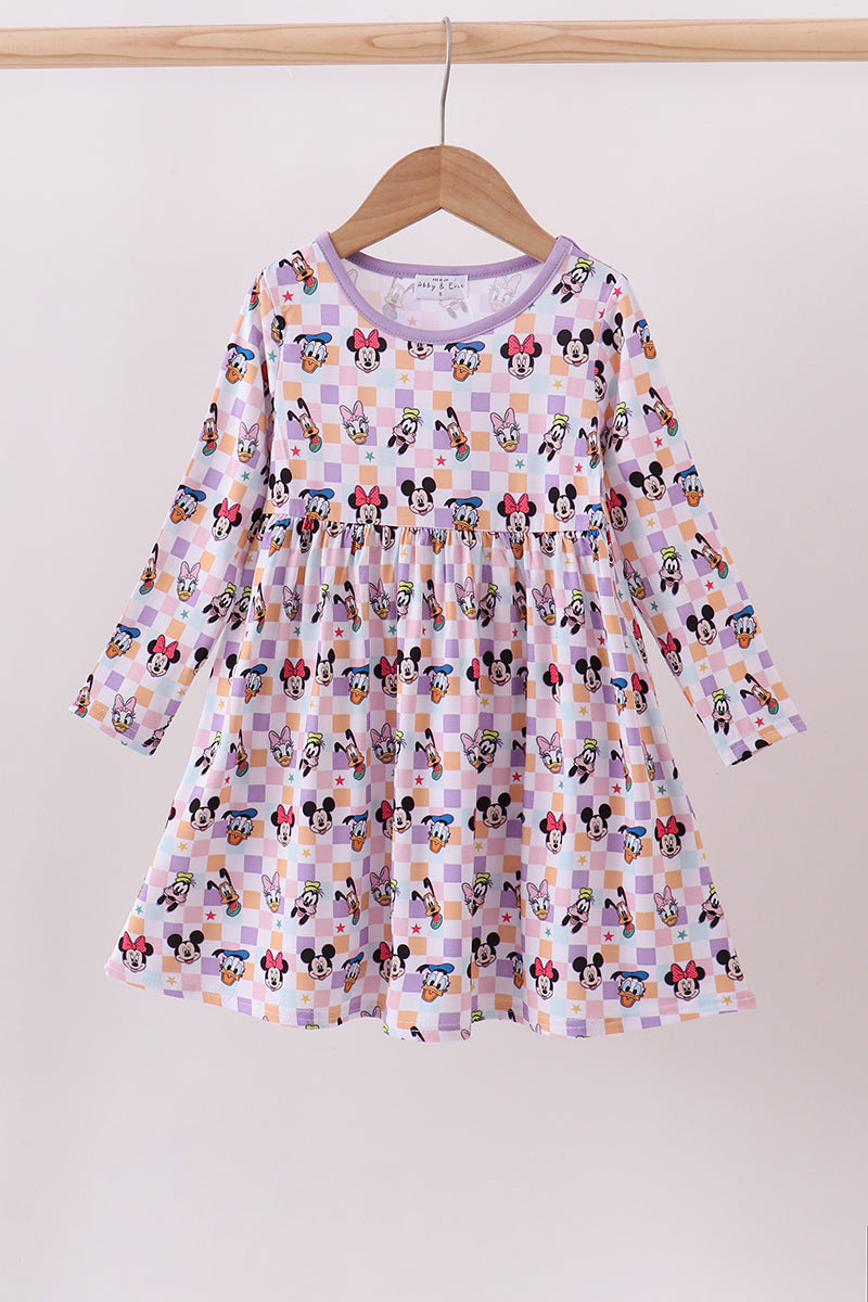 Premium purple character print bamboo checkered dress