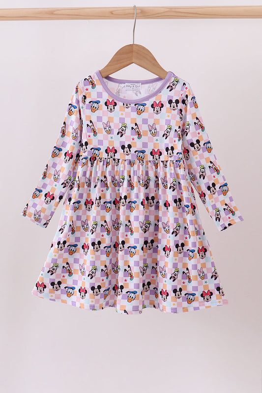 Premium purple character print bamboo checkered dress